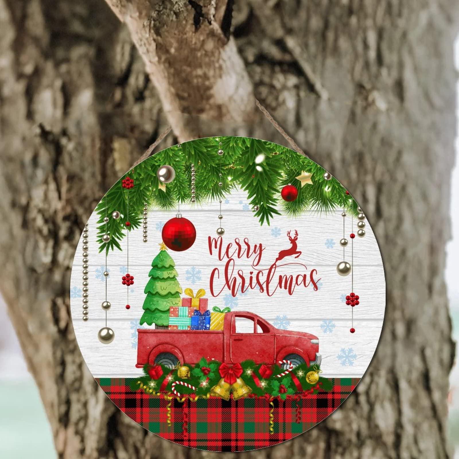 Wodevor Merry Christmas Tree Truck Wood Plaques Red Truck Christmas Tree Hanging Sign Wooden Wall Table Sign Rustic Wood Sign Personalized Wooden Signs 12x12in Round