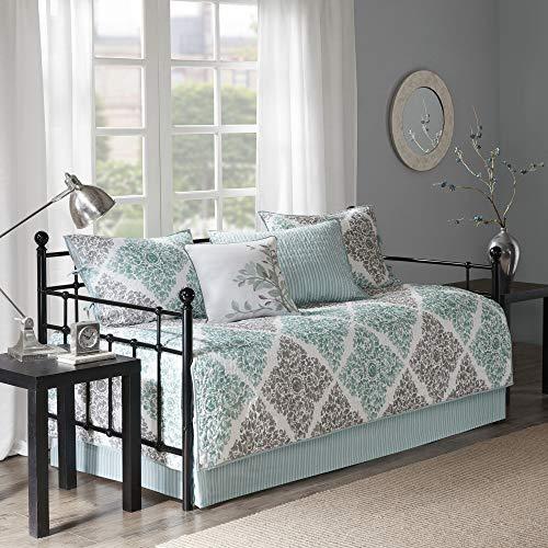 Madison Park Madison Park Daybed Cover Set - Double Sided Quilting Casual Design, All Season Bedding with Bedskirt, Matching Shams, Decorative Pillow, 75\"x39\", Diamond Aqua 6 Piece