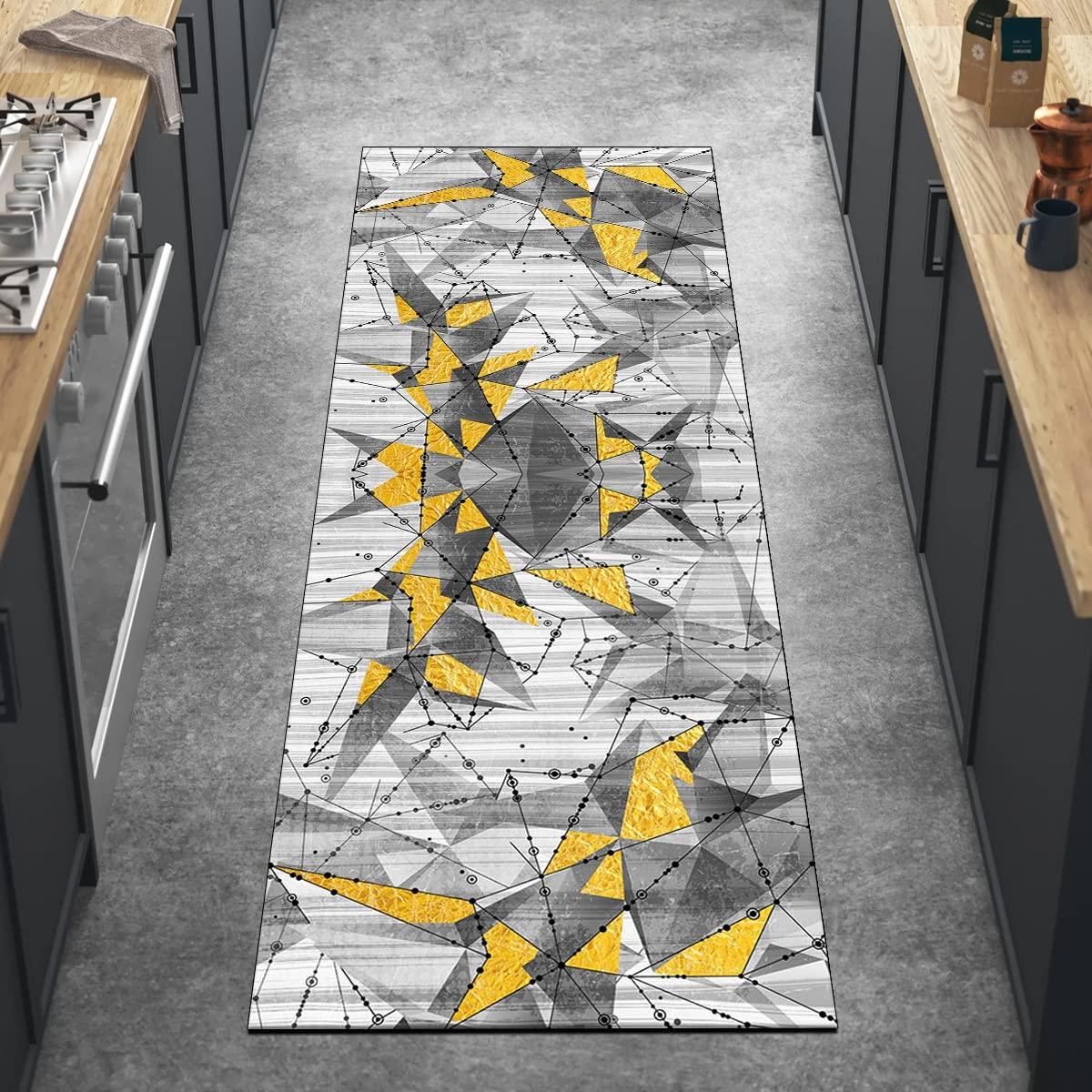 Ymural Hallway Runner Rugs Non Slip Geometric 3\'x15\' Grey Yellow Runners Carpet Mat Washable Runner Rug for Kitchen Bedroom Hallway Stair Doorway, Customizable
