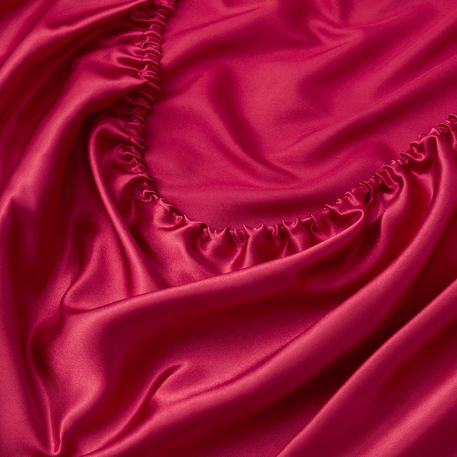 HR Decor Satin Fitted Sheet, Twin-XL Fitted Sheet Only, 1 - Piece Ultra Soft(25) Deep Pocket Single Silk Bottom Bed Sheet Twin-XL - red