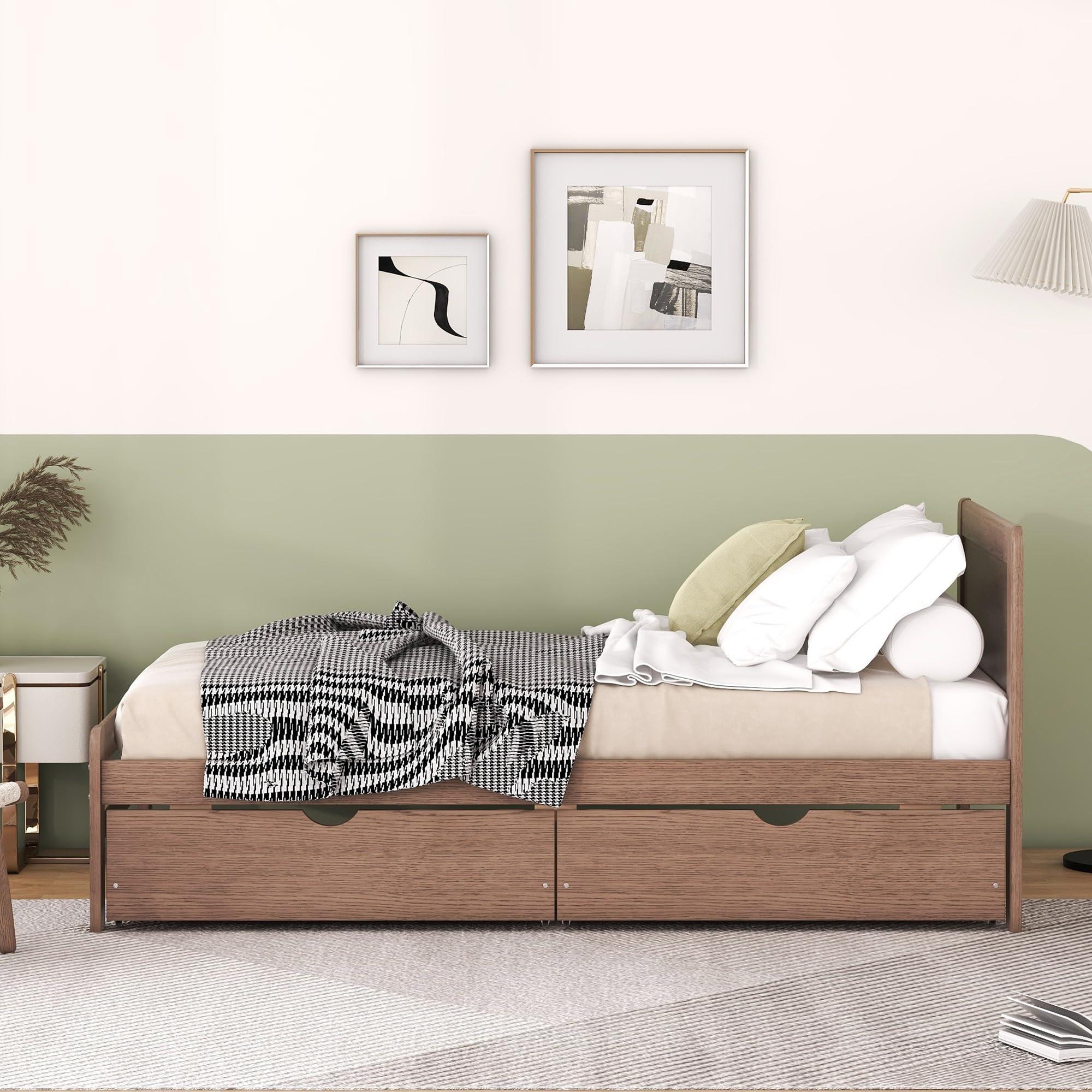 HomeLoft Basics Modern Design Twin Size Platform Bed Frame with 2 Drawers for Walnut Color
