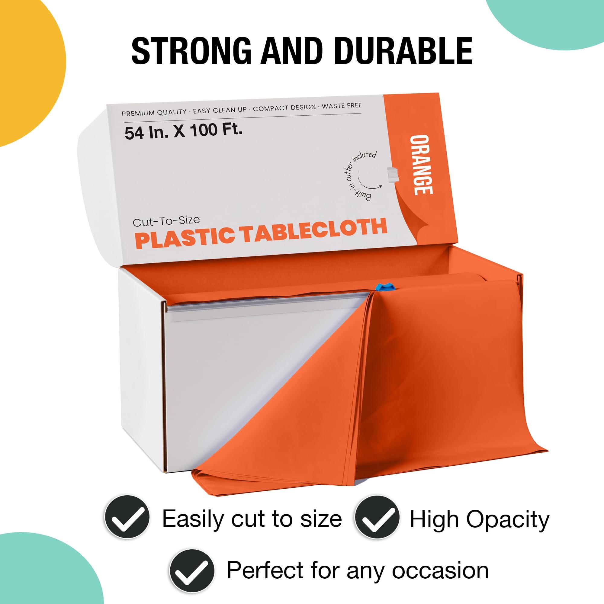 Exquisite Exquisite 54 Inch X 100 Feet Orange Plastic Table Cover Roll in A Cut - to - Size Box with Convenient Slide Cutter. Cuts Up to 12 Rectangle 8 Feet Plastic Disposable Tablecloths