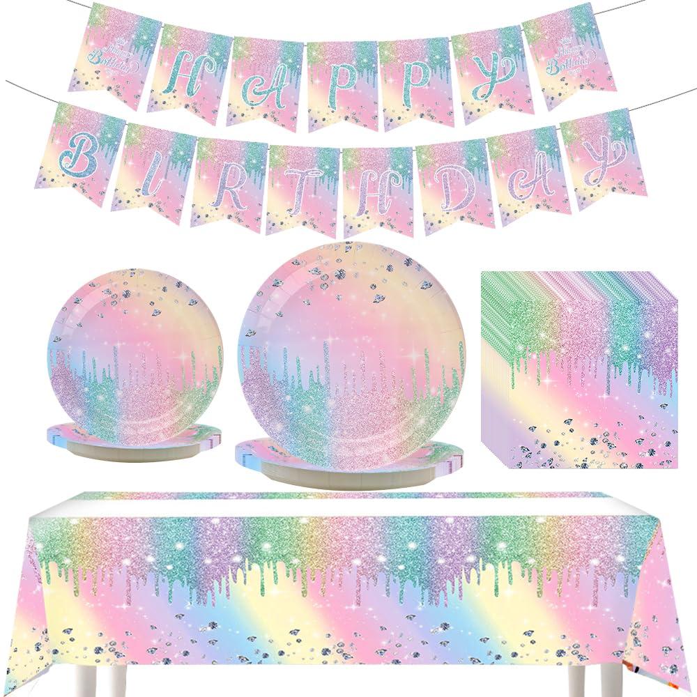IPEWOEF Gradient Diamond Birthday Party Supplies Macaron Glitter Holographic Disposable Tableware Iridescent Party Decorations Paper Plates Napkins Banner Tablecloth for Girl Kid Baby Shower Wedding 10 Guests