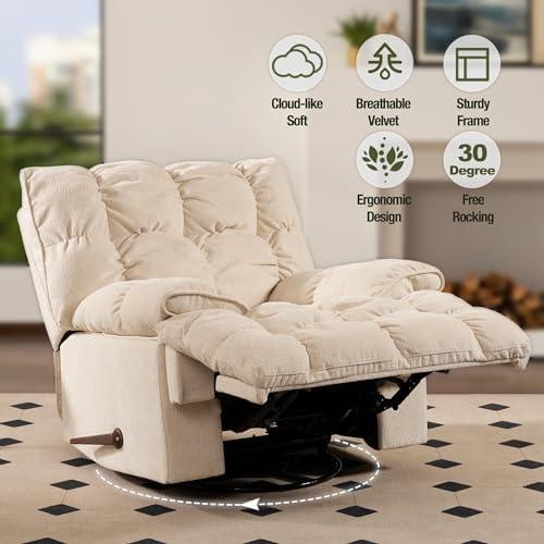 SITJOY Oversized Rocker Recliner Chair, Manual Overstuffed Extra Wide Rocking Recliners Soft with Breathable Soft Fabric, Swivel Rocker Recliner for Living,Soft Padded Headrest and Armrest (Manual, White)