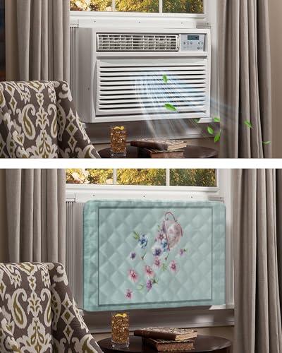 T&H XHome Indoor Air Conditioner Cover - Beautiful Dreamy Flower Cup SplashINg Cyan Buffalo Check Plaid Double Waterproof Adjustable Inside WINdow AC Unit Cover Parts with Free Elastic Straps, 21x15x3.5IN