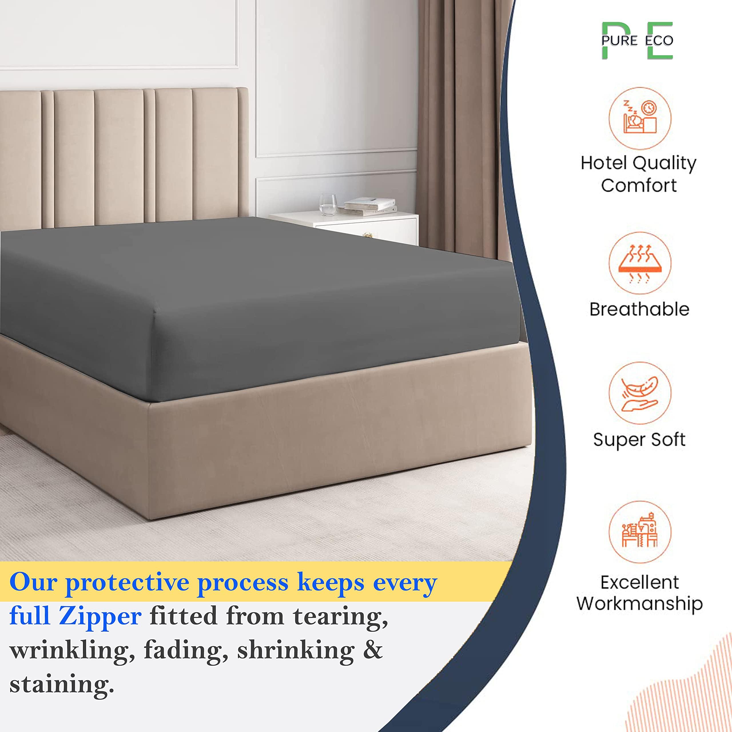 PURE ECO Pure Eco Fitted Sheet Zipper King Size 78\" X 80\" Inches Fit 12\" Deep Pocket Dark Grey, 600 TC 100% Egyptian Cotton Sateen Weave Fitted Sheet Zipper King Size Bed Fitted Sheet Zipper