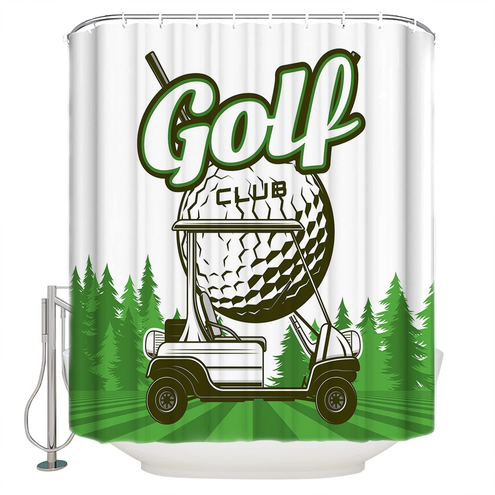 OComster Waterproof Shower Curtain, Golf Cart Polyester Fabric Bathroom Curtains with 12 Hooks, 36" W x 78" H, Golf Club Green Field Pine Tree Balls Sports Theme Quick-Drying Bathtub Curtain