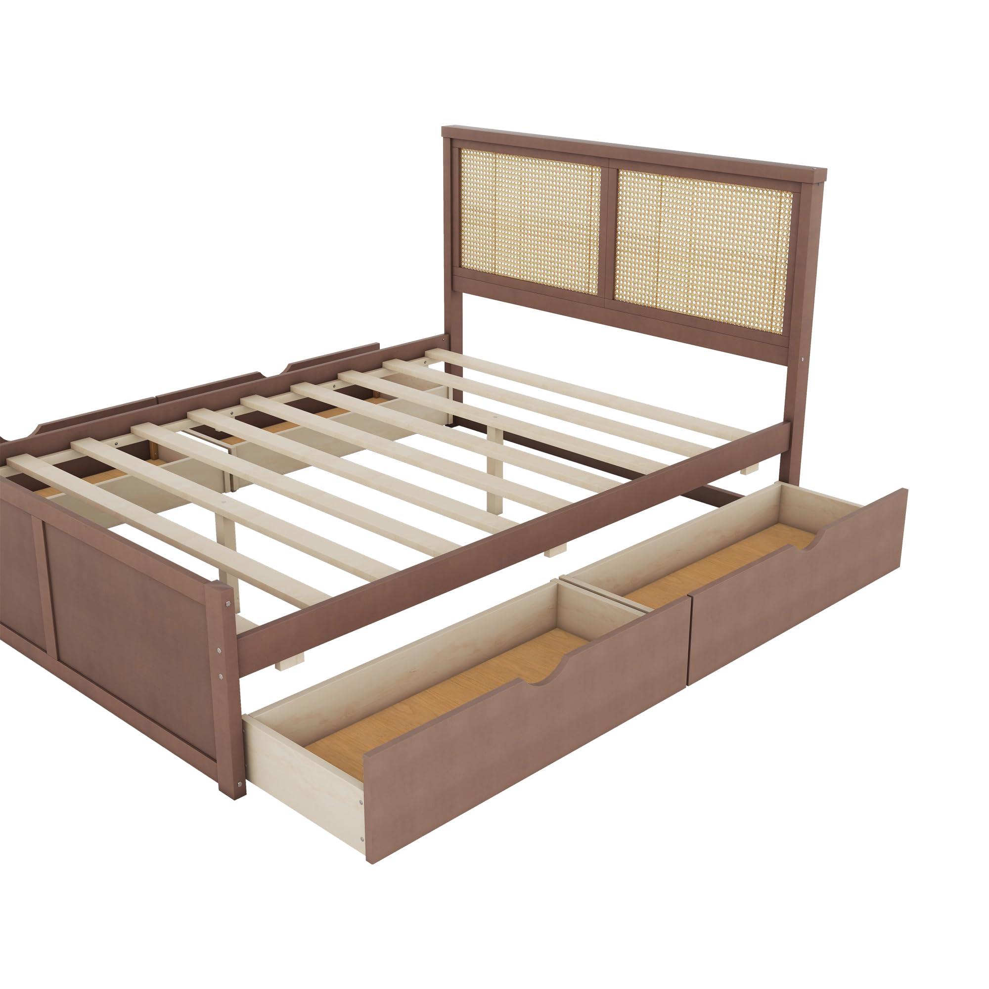 RuiSiSi RuiSiSi Queen Size Wooden Bed Frame with 4 Storage Drawers, Platform Bed with Rattan Headboard, for Bedroom, Espresso