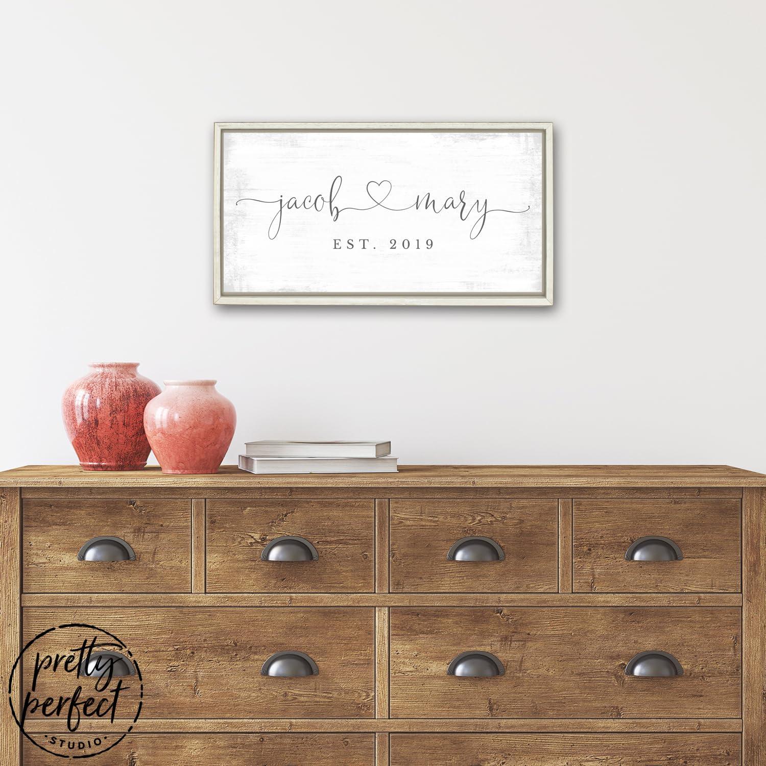 Pretty Perfect Studio Personalized Wedding Date Signs His and Hers Custom Gift For Husband & Wife Marriage Establish Sign for Master Bedroom Above the Bed Canvas Wall Art - Rustic White Framed 10"x20"