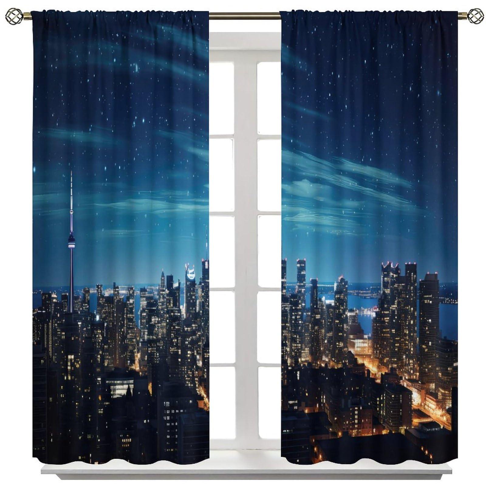 BATPLY Modern City Landscape Curtains, Dreamy Glitter Aurora Starry Sky Decor Night Riverside Urban Skyscraper Scenery Drapes, Blackout Rod Pocket Window Treatments for Living Room Bedroom Bathroom 63x72in
