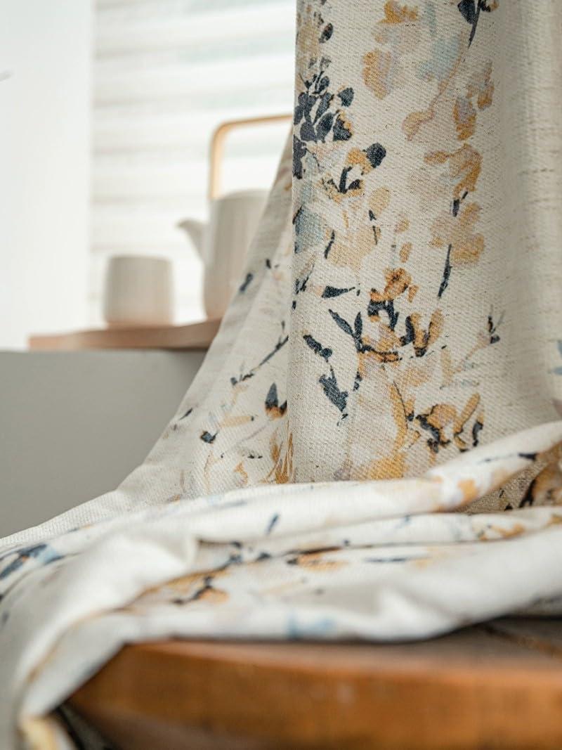 ILUOGUDU Natural Linen Curtains 108 inch Length 1 Panel Set for Living Room, Pinch Pleat Linen 60% Blackout Drapes Floral Farmhouse Window Curtains for Bedroom,84 Inch Wide Each Panel, blue/ Yellow/Beige