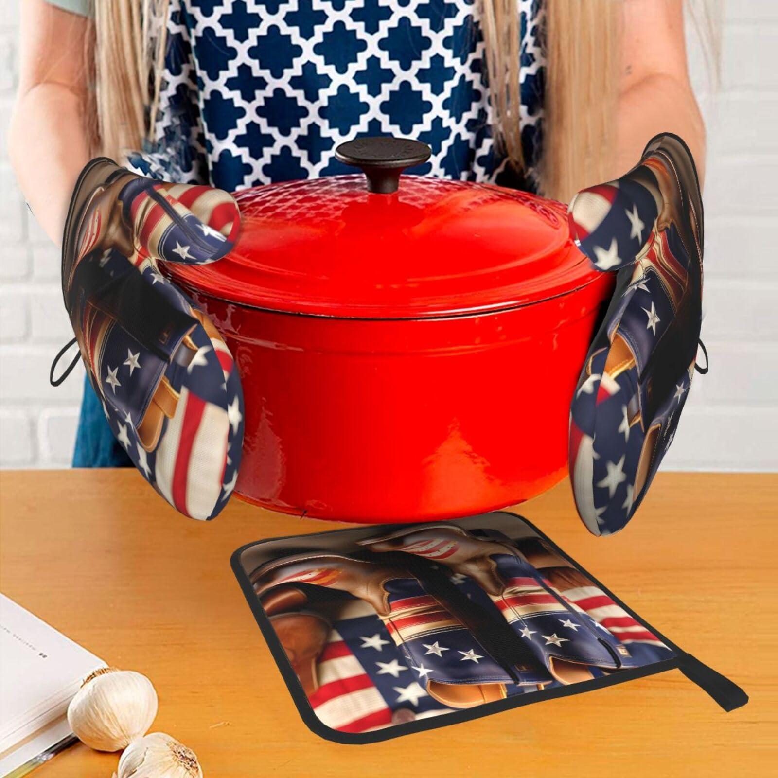 ZISHAK American Flag with Cowboy Boots Oven Mitts and Pot Holders SetUltimate Heat Resistant Set for Kitchen and Dining