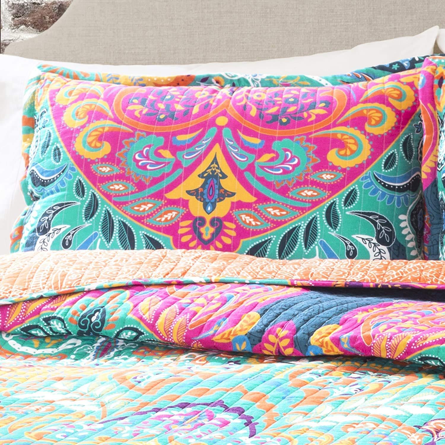 Lush Decor Lush Decor Boho Chic Reversible Cotton Quilt 3-Piece Set, King, Turquoise & Navy - Bright Paisley Print, Vibrant & Colorful Bohemian Bedding Set