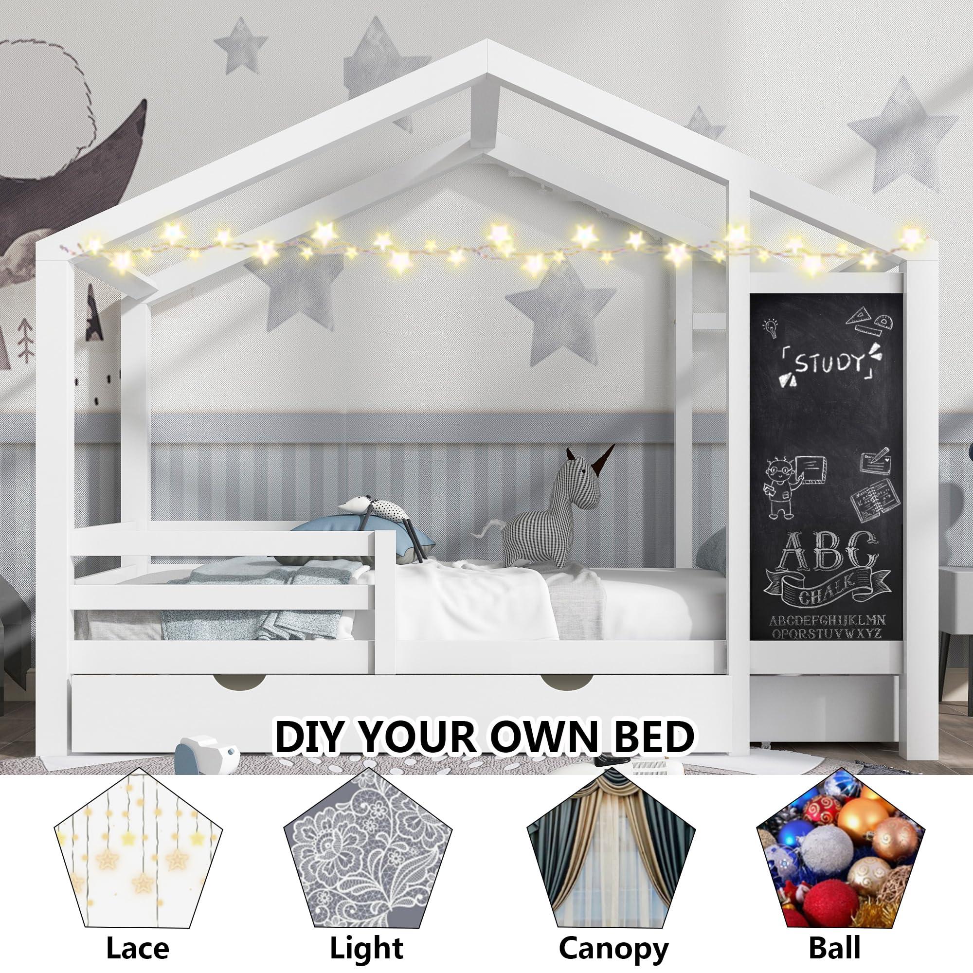 HUMEHA HUMEHA Twin House Bed with Drawers, Kids Platform Bed Frame with Blackboard, Montessori House Bed with Slats and Roof for Teens Girls Boys, 80.1\" L x 41.9\" W x 72\" H, White