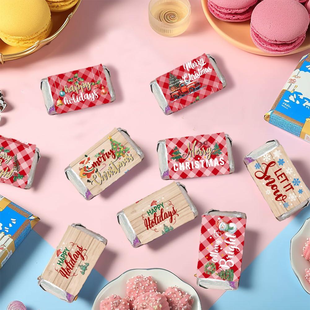 arricraft arricraft 120 Pcs Merry Christmas Mini Candy Bar Wrappers, Red Plaid Elk Xmas Tree Chocolate Bar Label Stickers Self Adhesive Stickers for Christmas Winter Holiday Party Favors(No Candy)