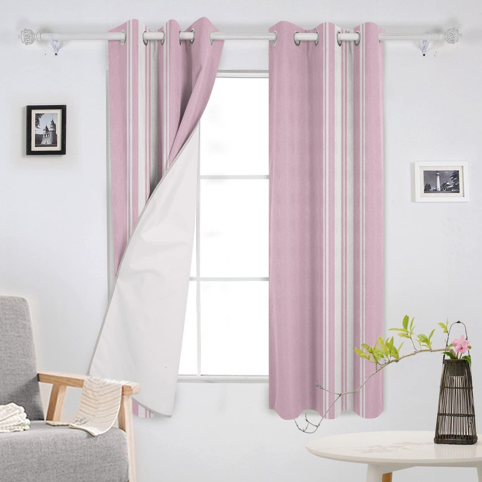 BOBOWUNY BOBOWUNY Pink Striped Blackout Curtains 72 Inches Length, Luxurious White Stripes Modern Abstract Art Window Treatment Thermal Insulated Drapes for Bedroom Living Room 2 Panels 104x72 Inches