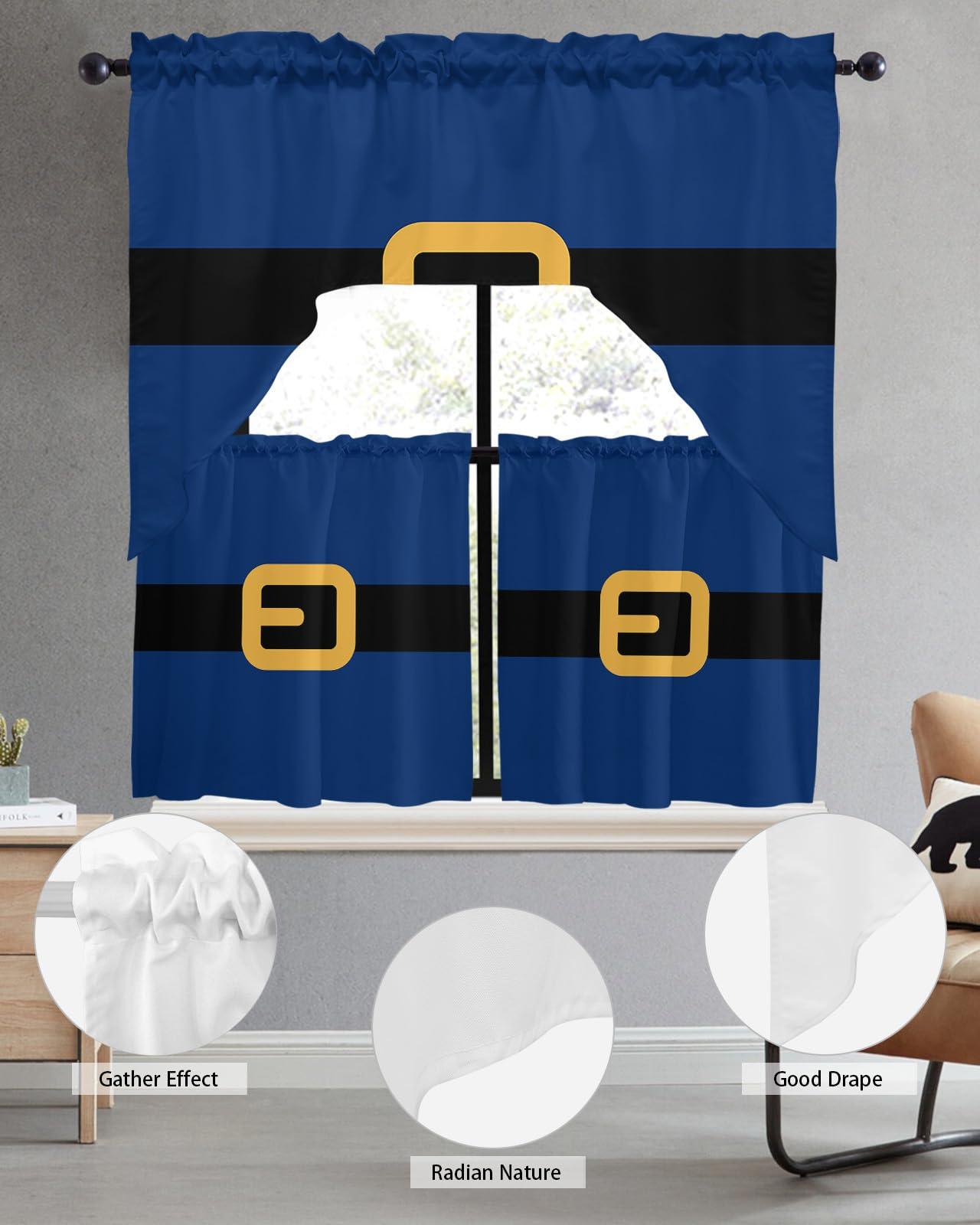AMZRicher AMZRicher Santa Claus Belt Kitchen Curtains Swag Valance and Tier Curtains Set 36 Inch Length, Merry Christmas Navy Blue Rod Pocket Drape Panels Pair Swag Curtains for Bathroom/Cafe/Window