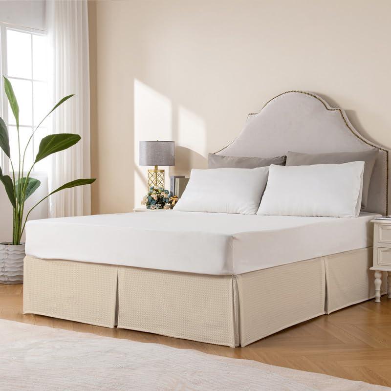 MIYE MIYE Pleated Waffle Weave Bed Skirt, Tailored Dust Ruffle 12 Inch Drop Easy Fit, Machine Washable (Cream,Cal King - 12\" Drop)
