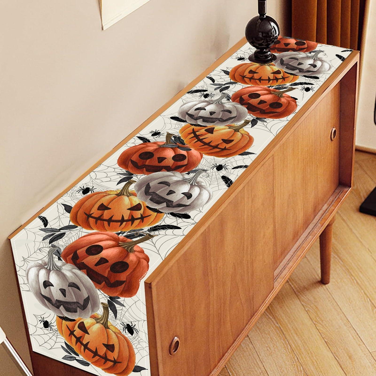 Drapeloft Halloween Table Runner,Pumpkin Spider Web Funny Holiday Kitchen Table Decorations,Fall Halloween Gothic Skull Dining Room Patio Indoor Outdoor Decorations,13 x 90 Inches