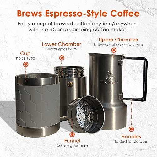 nCamp nCamp - Caf, Portable Coffee Maker, Portable Espresso Machine, Compact Camping Coffee Maker, Stainless Steel Travel Coffee Maker with Camping Coffee Cup, Reusable, 12 oz