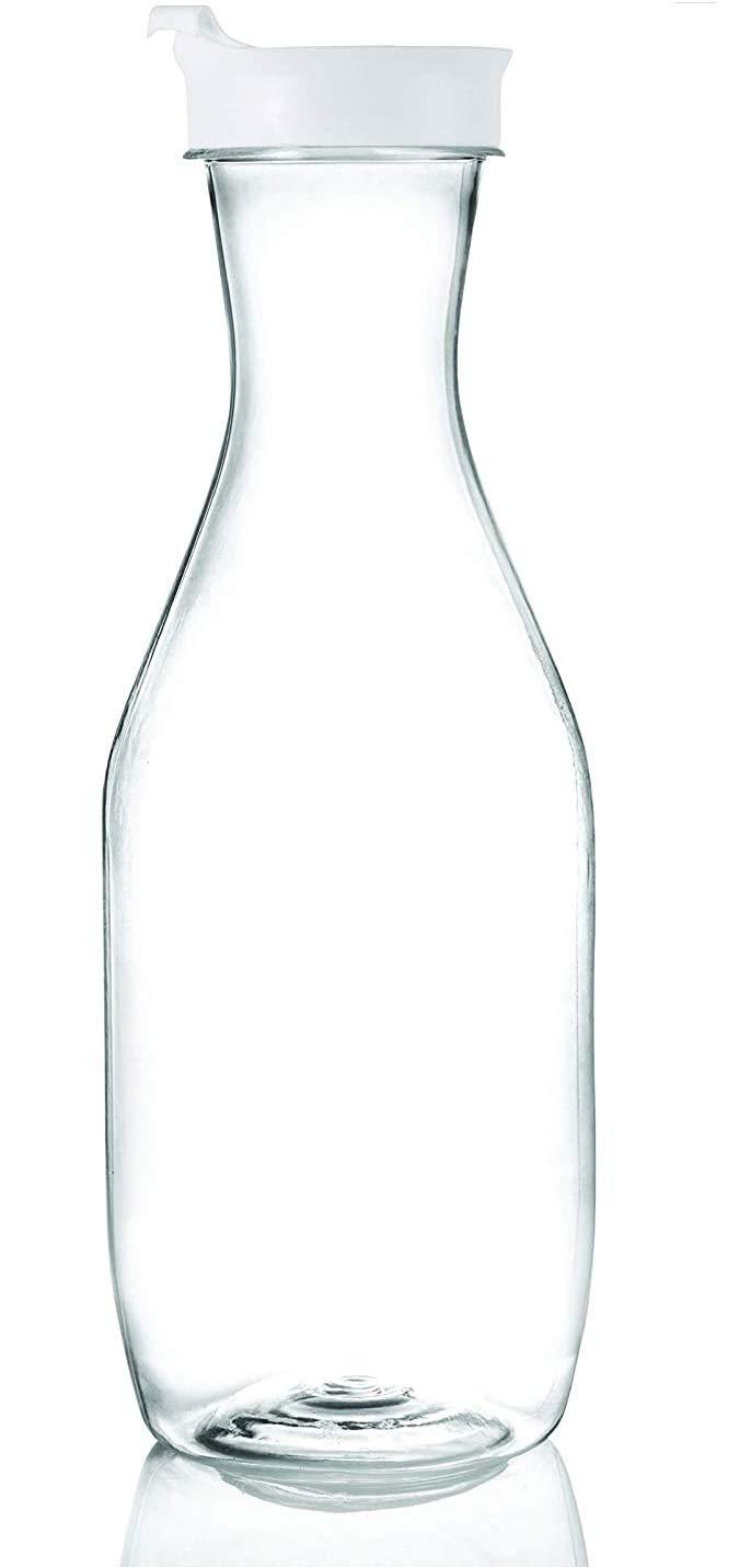 EcoQuality [24 PACK] Clear Plastic Heavy Duty Pitcher - Large Water Carafes, Plastic Bottles with Flip Top Lid, Beverage Pitchers with Lid - BPA Free Plastic Decanter, Juice, Ice Tea, Picnic, Catering (50 Oz)