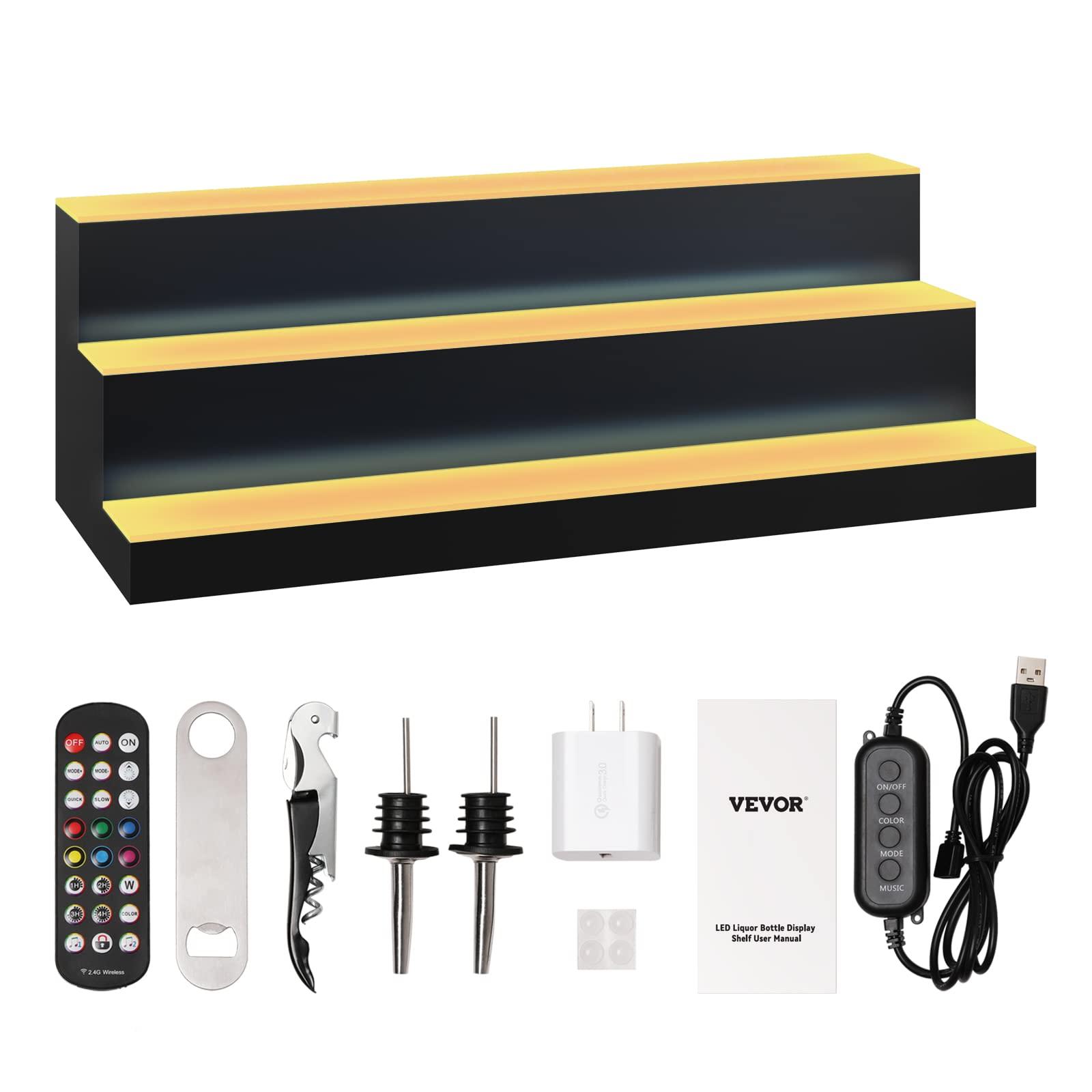 VEVOR VEVOR LED Lighted Liquor Bottle Display, 3 Tiers 30 Inches, Supports USB, Illuminated Home Bar Shelf with RF Remote & App Control 7 Static Colors 1-4 H Timing, Acrylic Lighted Shelf for 24 Bottles