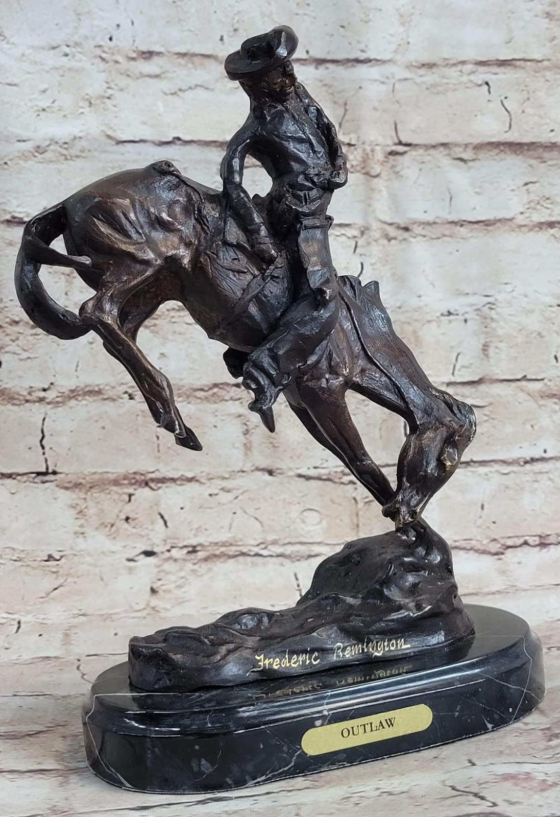 EUROPEAN BRONZE Frederic Remington Cowboy on Horse Rodeo Old West Western Art Bronze Sculpture Artwork Deal Gift by Think Bronze