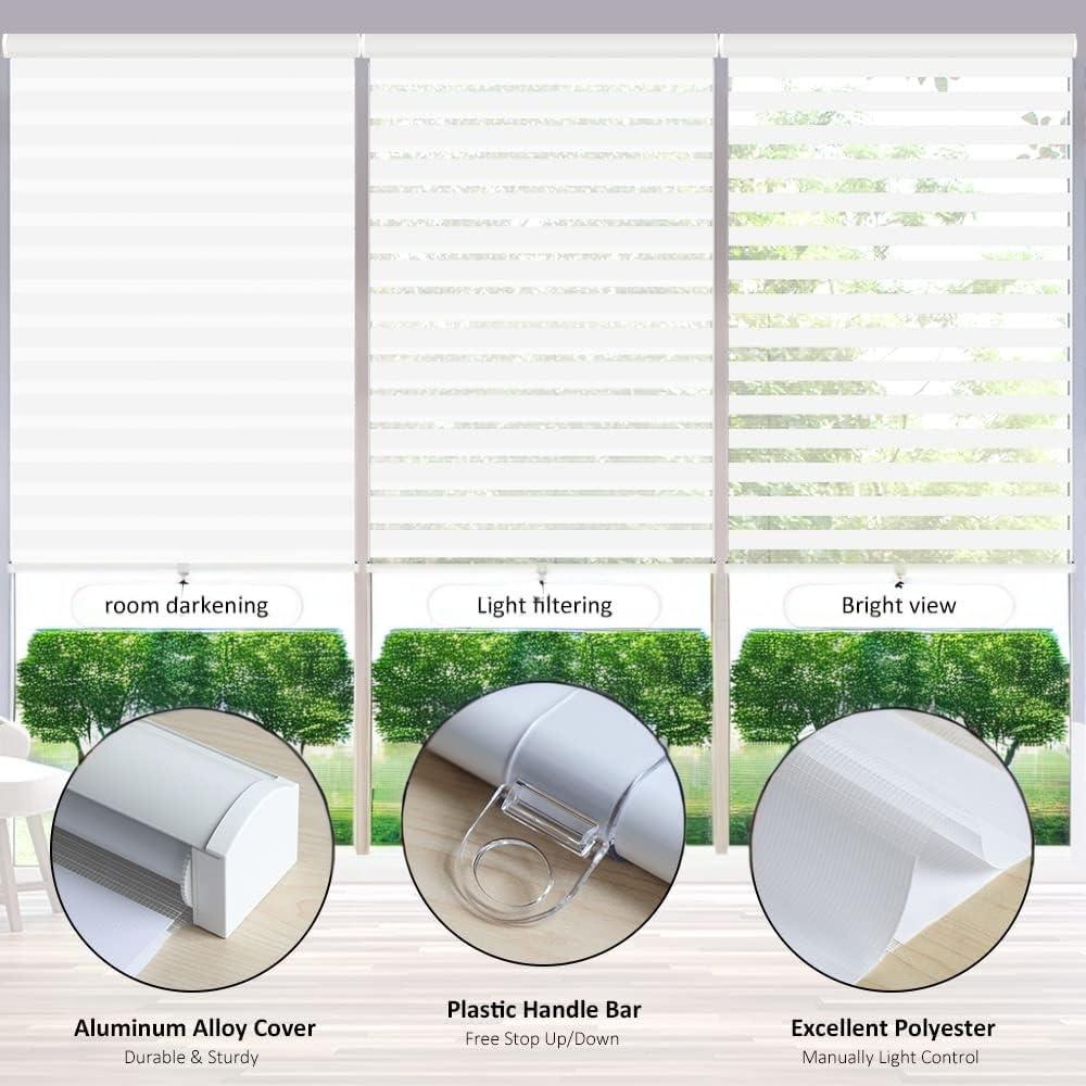 LOQPDNXN Zebra Blinds Custom Size Zebra Blinds Roller Shades for Windows Dual Layer Sheer or Privacy Light Control Day and Night Window Drapes Blinds & Shades White.44Wx(12" H to 98" H Customizeize)