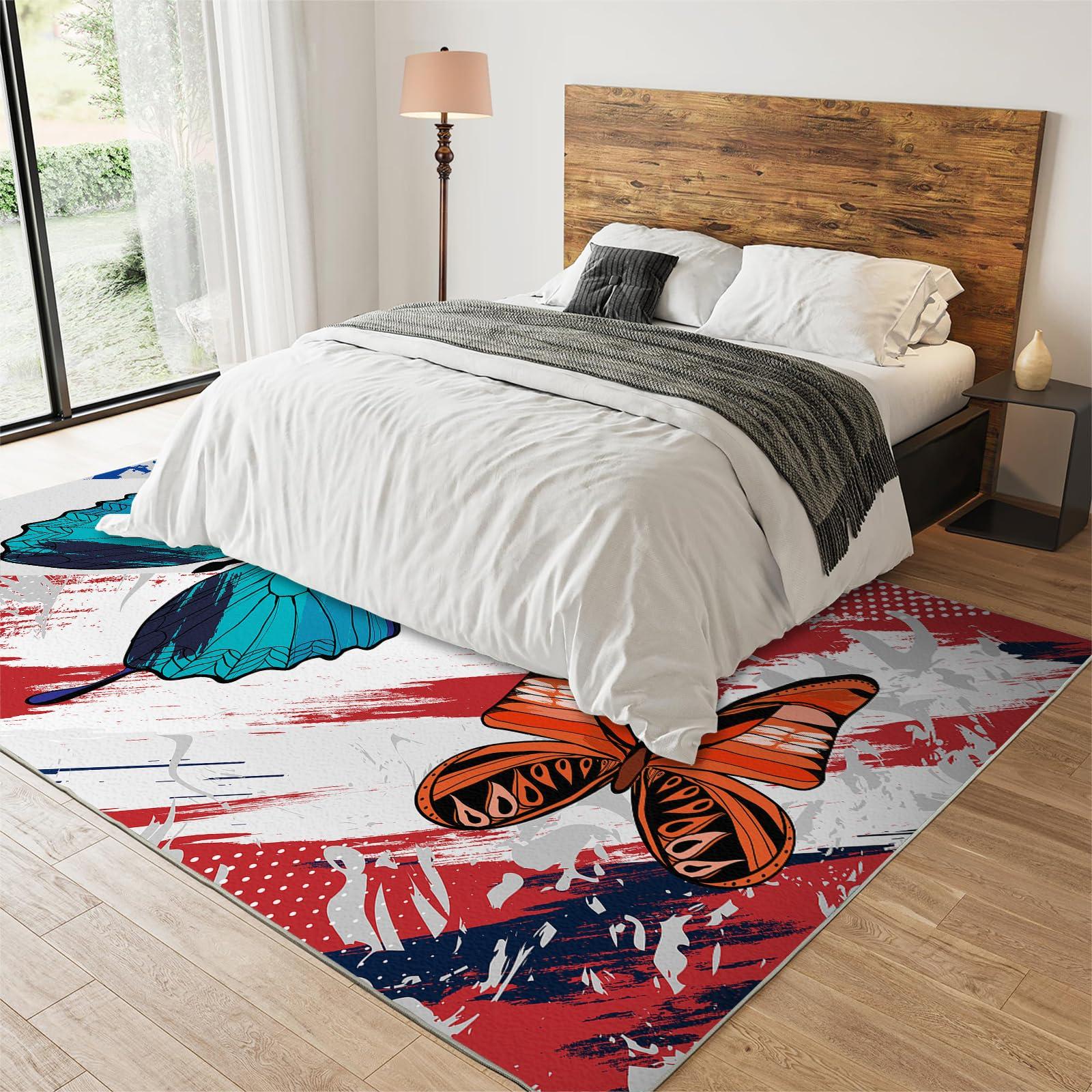 RUHEYIA Butterfly Area Rug, Watercolor Butterfly Carpet for Bedroom, with Non-Slip Backing Ideal Washable Flannel Carpet for Girl Living Room Office Home8 x 10ft
