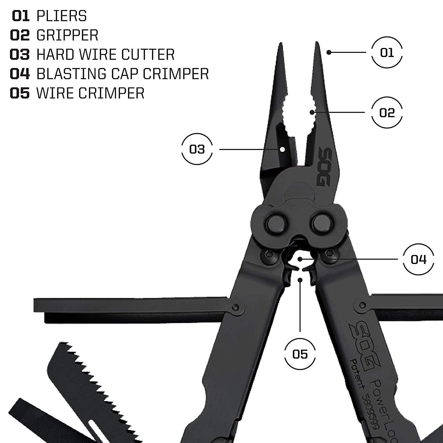 SOG SOG PowerLock Multi-Tool- Compound Leverage Technology with EOD Crimper Device, 420 Stainless Steel Body, 18 Lightweight Specialty Tools (B61N-CP) , Black