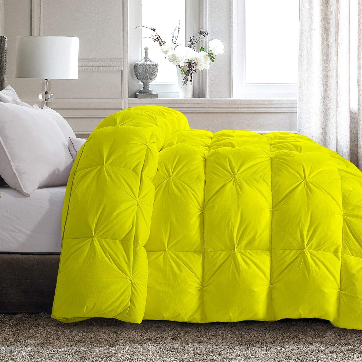 BEDICIA Yellow Solid Pinch Pleated 4 Piece Comforter Set (1 Comforter, 1 Duvet Cover & 2 Pillow Shams) 800 Thread Count Soft Egyptian Cotton California King Size