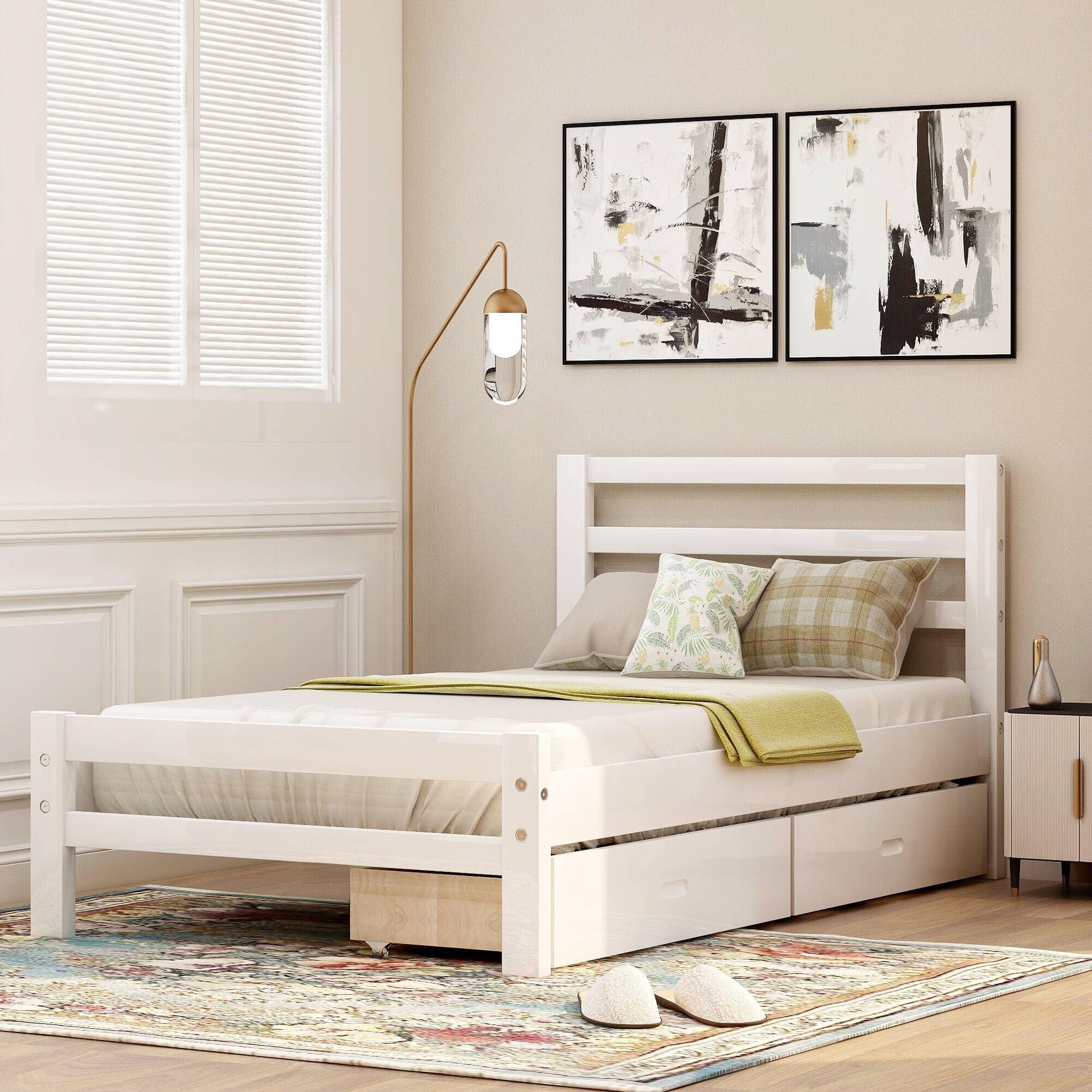 Bed Bath & Beyond Wood Platform Bed Storage Bed with Two Drawers White - Twin