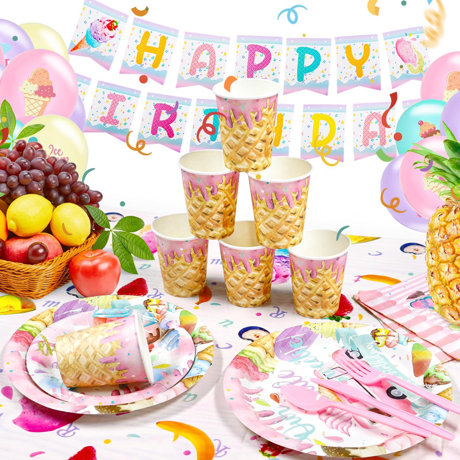 Qonmpcvu Qonmpcvu 183 PCS Ice Cream Party Decorations, Ice Cream Birthday Party Supplies, Ice Cream Party Supplies Set, Ice Cream Backdrop Tablecloth With Vibrant Paper Plates, Napkins, Cups Serve 20 Guests
