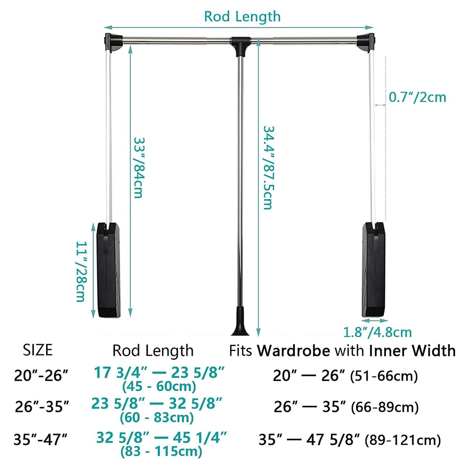 HONGKEFIT Pull Down Closet Rod, Pull Down Wardrobe Organizer, Adjustable Width 20-59Inch for Hanging Clothes Wardrobe Lift Rail Organizer Soft Close Aluminium Garment Hanging Rack, 26lbs Load Capacity (Size :