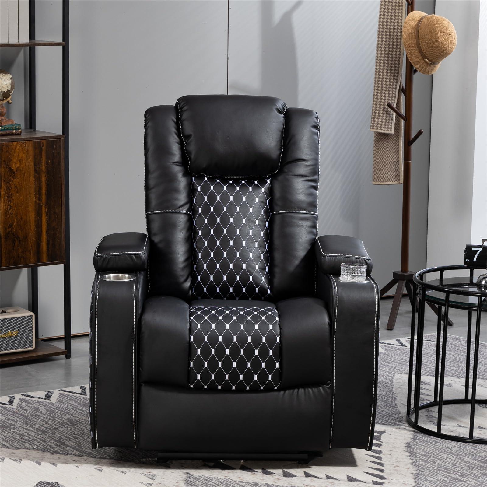 LITVZ Home Theater Seating Recliner with Hidden Arm Storage, Faux Leather Power Recliner Movie & Media Room Chairs with USB Ports and Cup Holders for Lazy Boy Adults