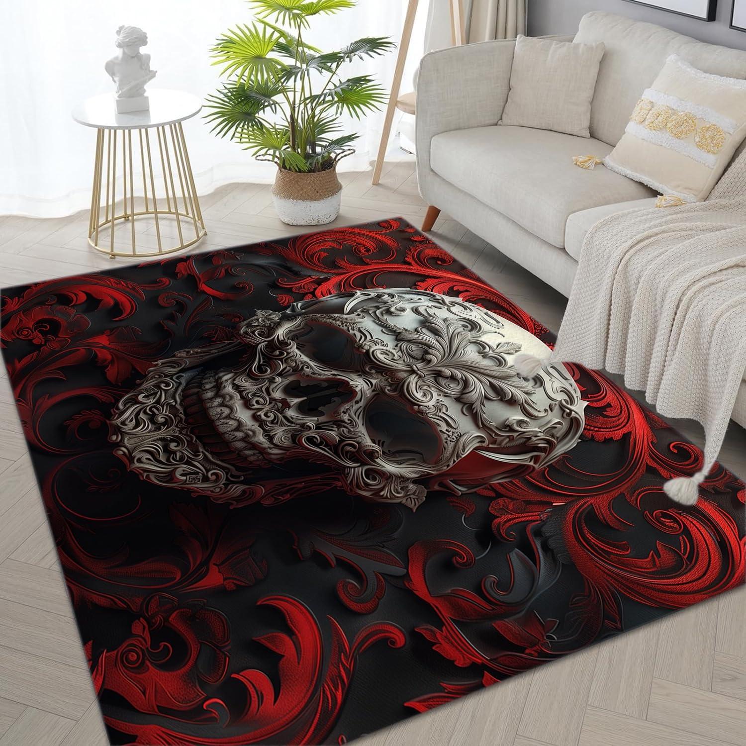 Bhoyctn Area Rugs 3ft x 5ft for Living Room - Area Rug Washable Non Slip Low Pile Rectangular Rug - Gothic Roses & Skulls Carpet for Bedroom Dining Room Kids Playroom Entrance Floor Mat Kitchen Rug