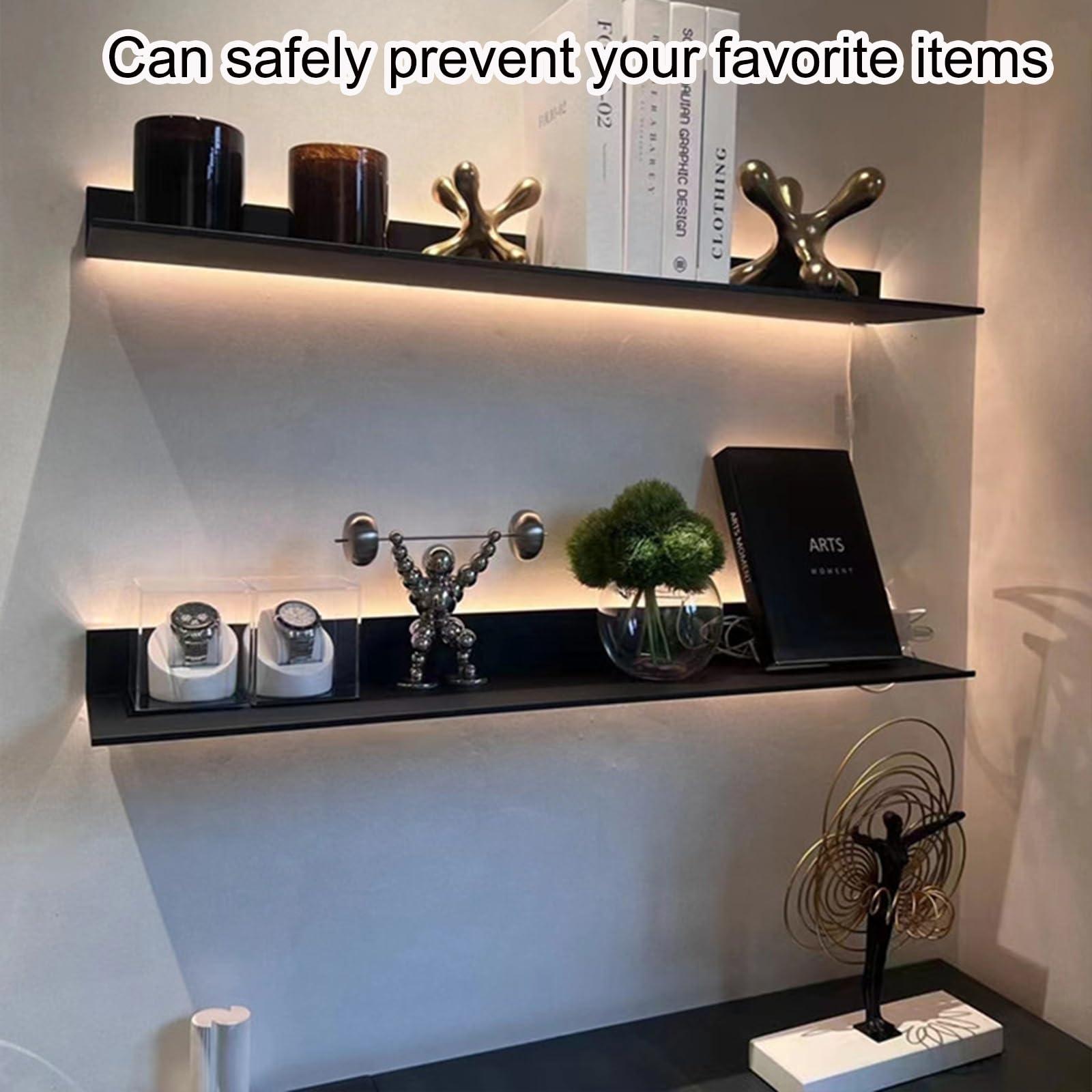 EMYJAY Wall Mounted Light-Emitting Shelves, Storage Shelf Floating Display Shelf LED Light Up Can Hold A Lot of Things Objects are Not Easy to Fall (Color : Black, Size : 60x23x7.5cm)