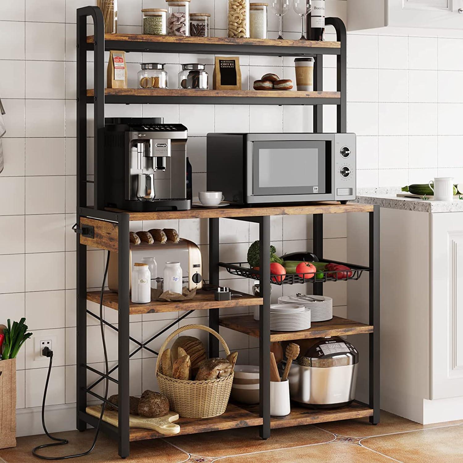 GarveeHome GarveeHome Microwave Stand Bakers Rack with Power Outlet, Kitchen Baker Rack with Wire Basket, 6-Tier Large Freestanding Utility Storage Shelf for Kitchen Dining Living Room, Rustic Brown