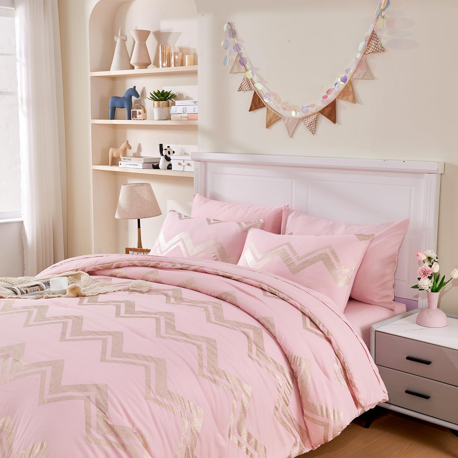 Wowelife Wowelife 6 Pieces Pink Twin/Twin XL Comforter Set for Girls Kids Twin Bedding Sets Gold Glitter Foil Bed in A Bag with Comforter, Flat Sheet, Fitted Sheet, 2 Pillow Shams and 1 Pillowcase