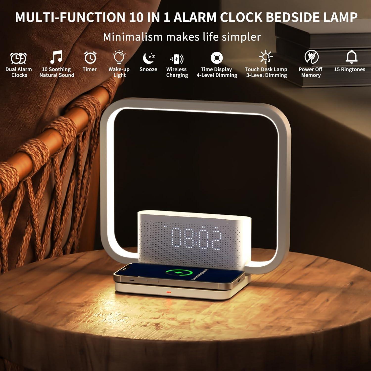 RETEYUNG RETEYUNG Bedside Lamps,Sunrise Alarm Clock for Heavy Sleepers,Table Lamp with Fast Wireless Charger Station for iPhone/Samsung,Wake Up Light Touch with Snooze/Timer/10 Natural Sounds/3 Dimmable