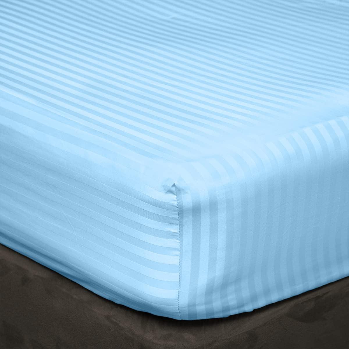 DIFFERENT SHEETING DIFFERENT SHEETING Cotton Sheets Set 4 Piece, 100% Egyptian Cotton 600 Thread Count, Fitted Sheets fitt Upto 15 Inch Deep Pocket, Crisp Cool and Strong Bed Linen Set- Light Blue Stripe Queen XL Size