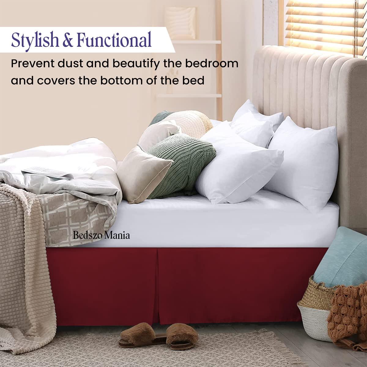 Bedszo Mania Box Pleated Bed Skirt 21 Inch Drop King Size Burgundy Color Bed Skirt Split Corner Pleated Style Easy Fit Easy Care Fade & Wrinkle Resistant-100% Microfibre Made