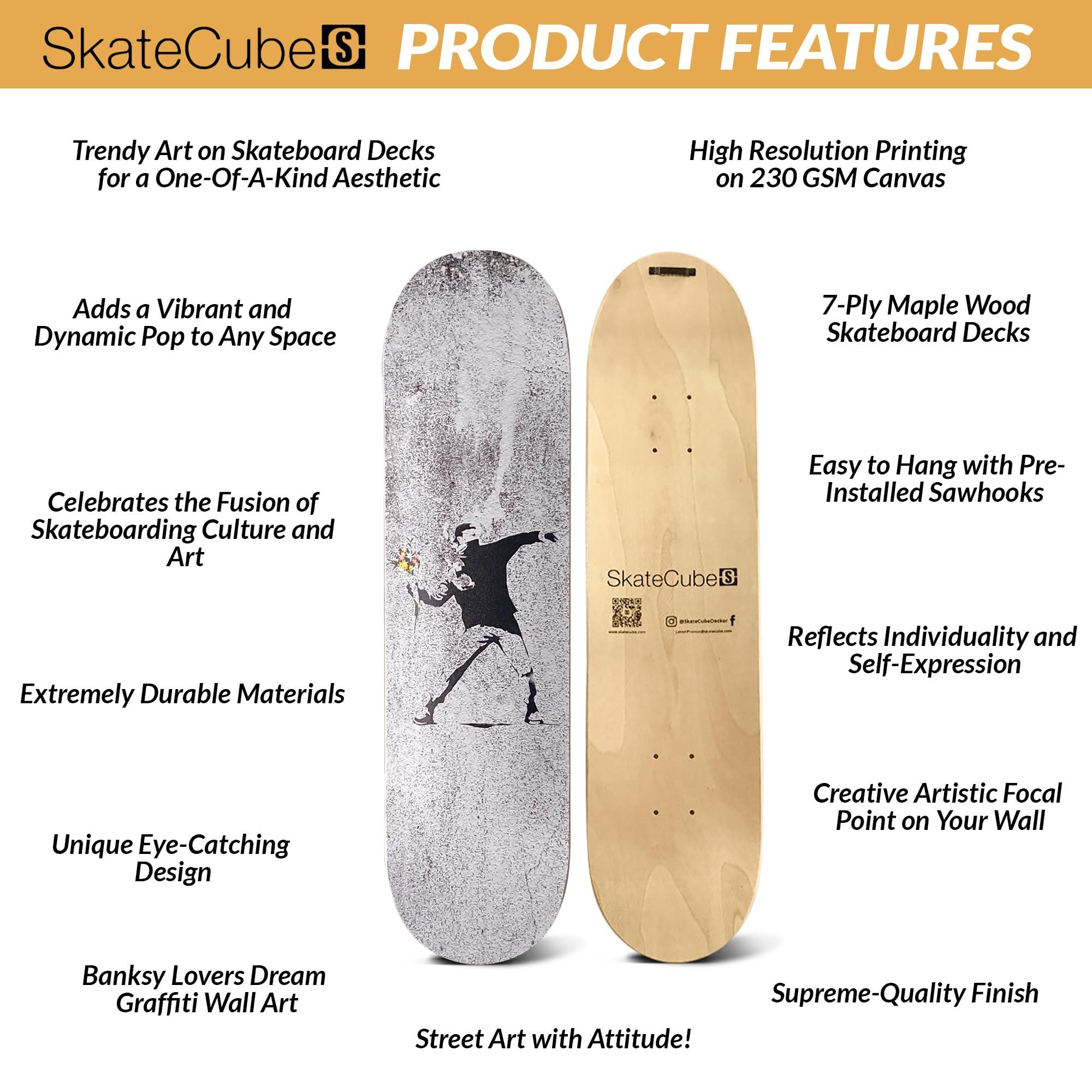 SkateCube Skateboard Canvas Wall Art Banksy Flower Thrower Art | 7 Ply Maple Wood Skateboard Deck | Graffiti Canvas Wall Art for Home Decor, Room Decor, Bathroom Wall Decor | Banksy Wall Art Canvas Large |