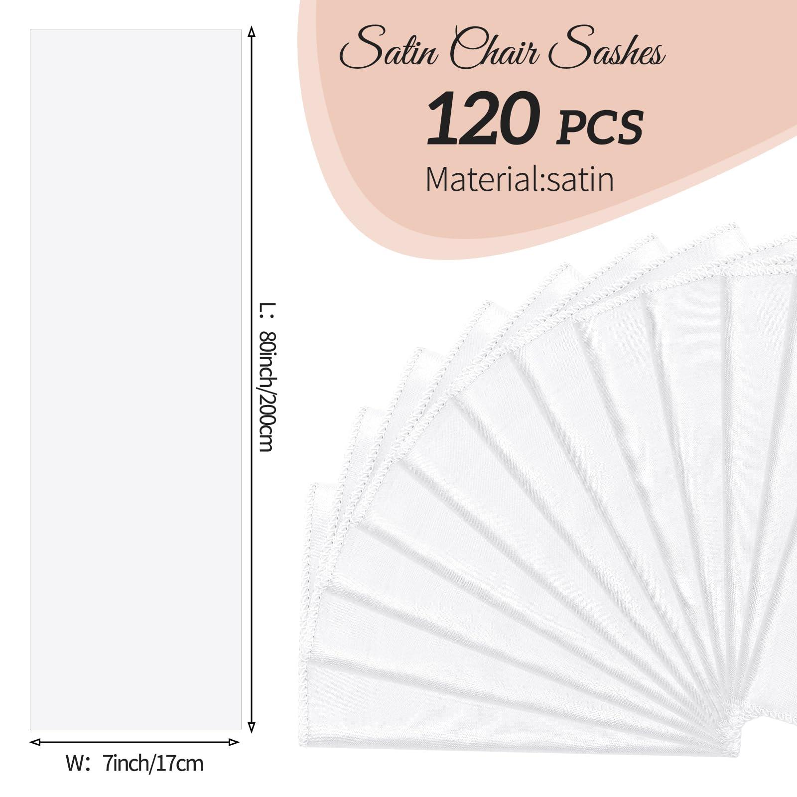 REWOMC 120 PCS Satin Chair Sashes White Shiny Chair Ribbon Ties Back Bows Designed Sashes Universal Chair Cover for Wedding Reception Gathering Birthday Party Banquet Restaurant Chair Decor (7x78inch)