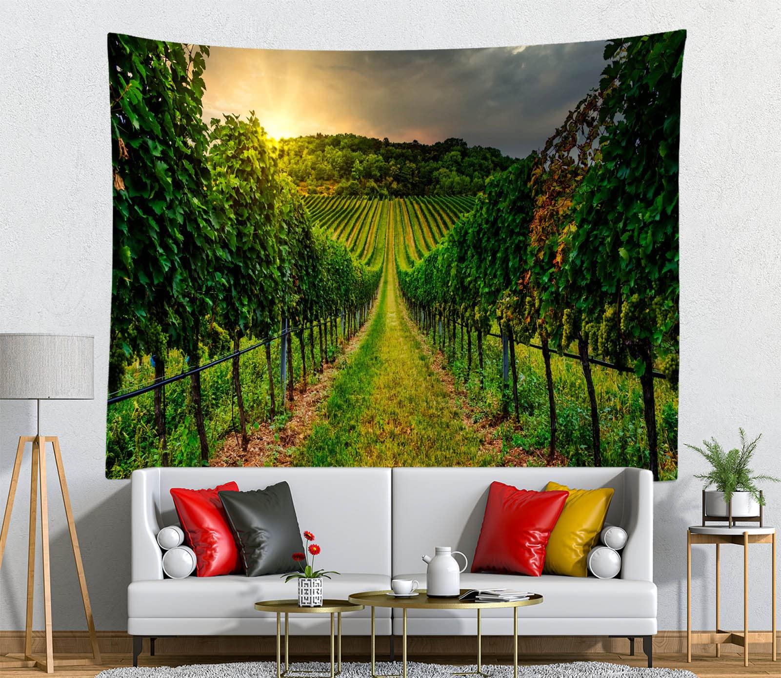 Loccor Loccor Vineyard Tapestry Farm Sunset Green Vineyard Landscape Tapestry Wall Hanging Vineyard Grapevine Field Wine Tapestry for Living Room Bedroom Dorm Home Decor 140x100inch