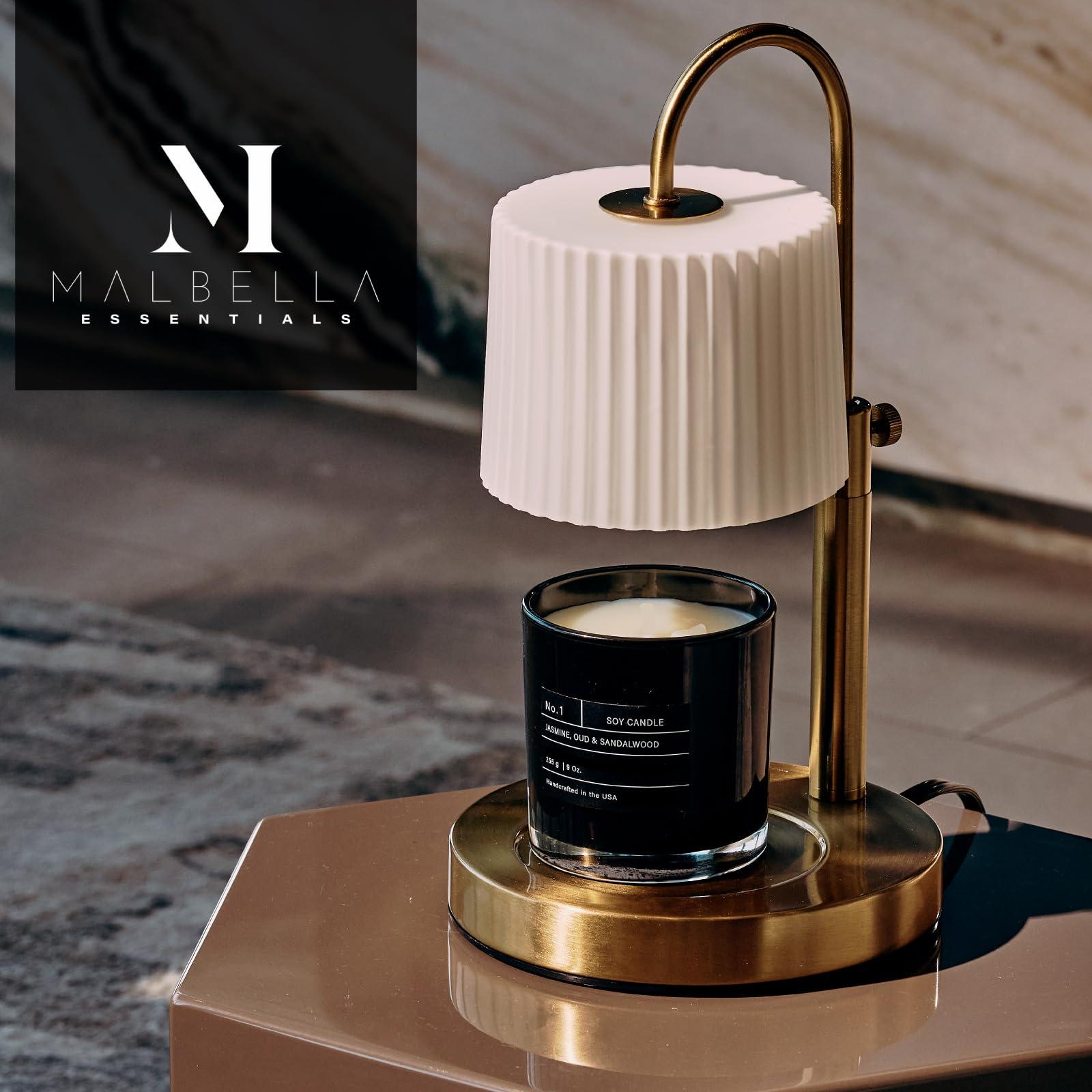 Malbella Essentials Dimmable Glass Candle Warmer Lamp with Timer - Adjustable Height Candle Lamp Warmer with Timer (8H/4H/2H) - Wax Melter - Ideal Gift, fits Various Size Scented Candles - 02 Bulb - (Gold Metal)