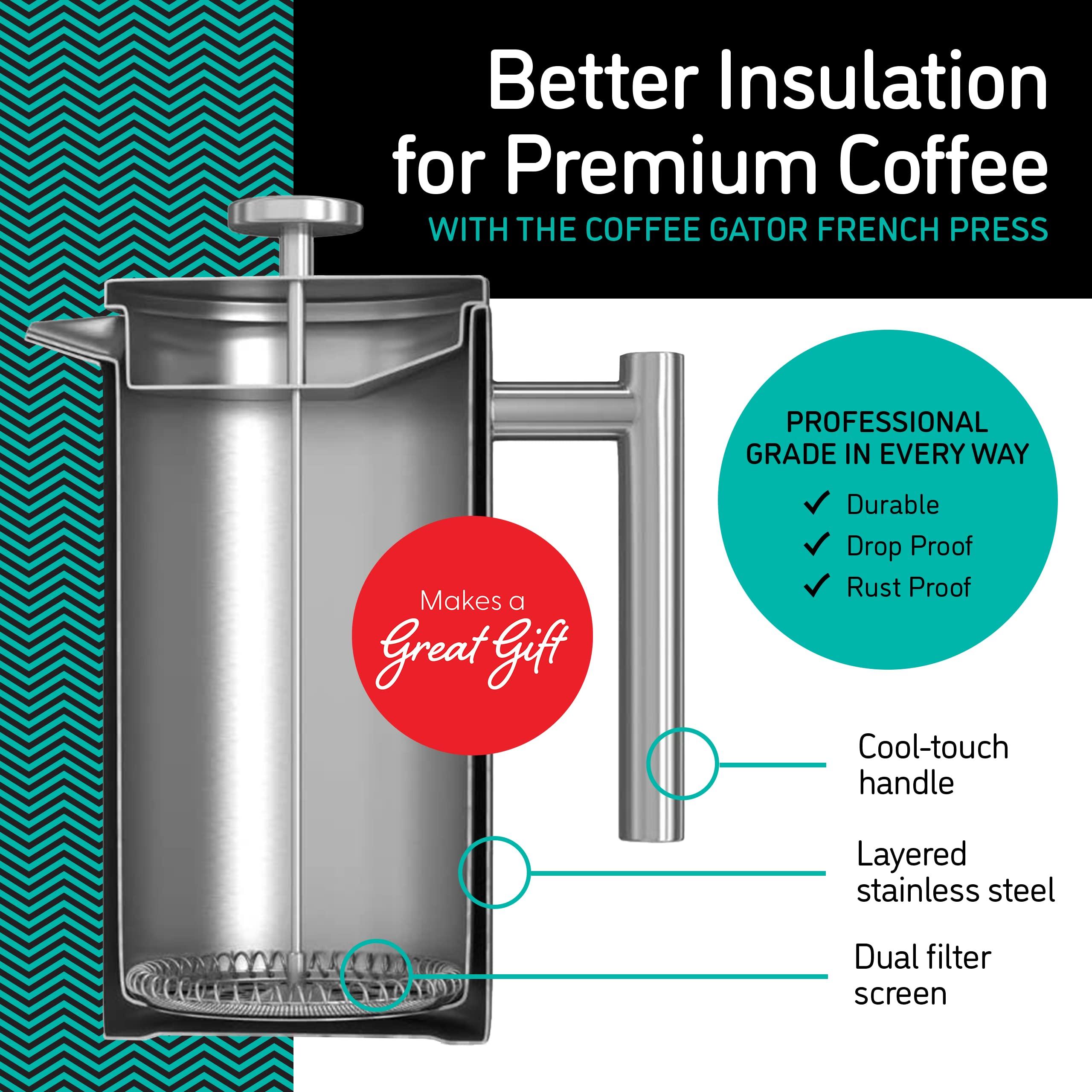 Coffee Gator Coffee Gator French Press Coffee Maker - 34ozThermal Insulated Brewer Plus Travel Jar - Large Capacity, Double Wall Stainless Steel - Gray