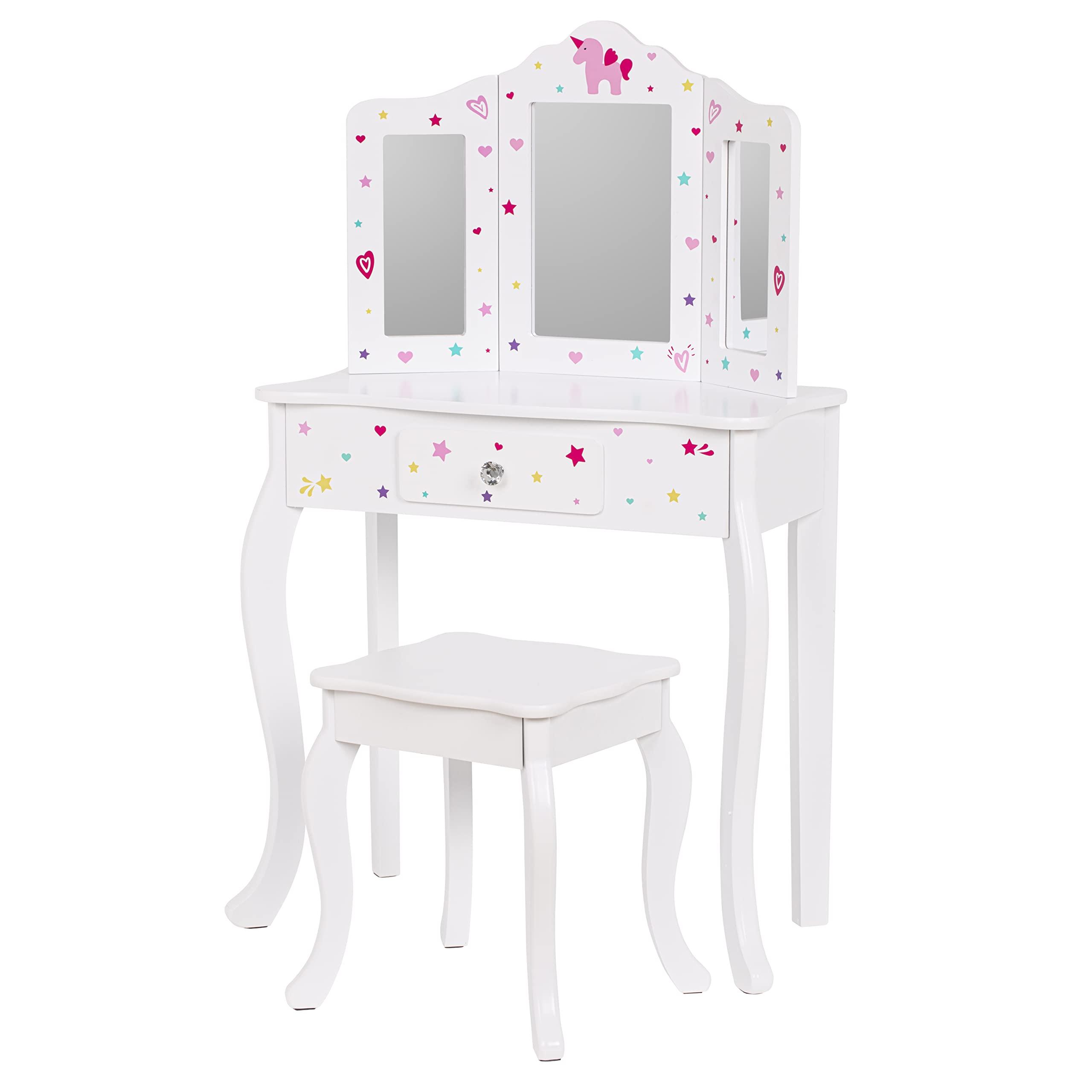 UTEX UTEX Pretend Play Kids Vanity Table and Chair Vanity Set with Mirror Makeup Dressing Table with Drawer, Play Vanity Set,White