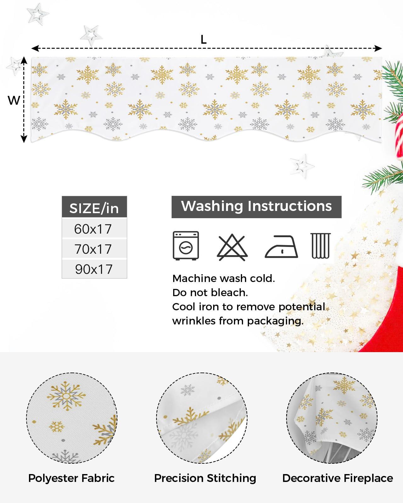 Chees D Zone Fireplace Scarf Christmas Gold Grey Snowflake White Mantel Scarf Fireplace Top Runner Mantle Scarves Cover,Winter Abstract Snow Fireplace Mantle Table Runner for Party Holiday Home Decor 90x17in