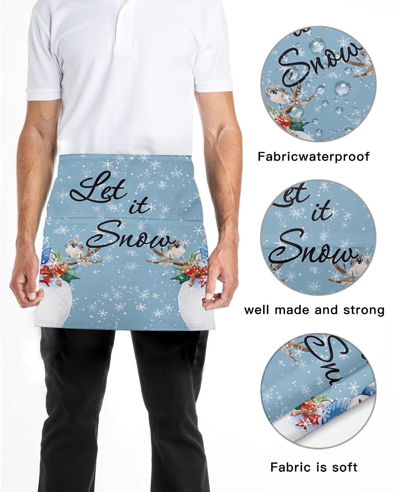 OComster OComster Christmas Waist Server Aprons, Snowman Snowflake Xmas Tree Bird Blue Waitress Apron with Pockets, Waiter Half Apron